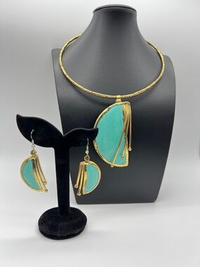 VINTAGE Artisan Set • Turquoise Blue • Brass Tone • Modernist. 17”